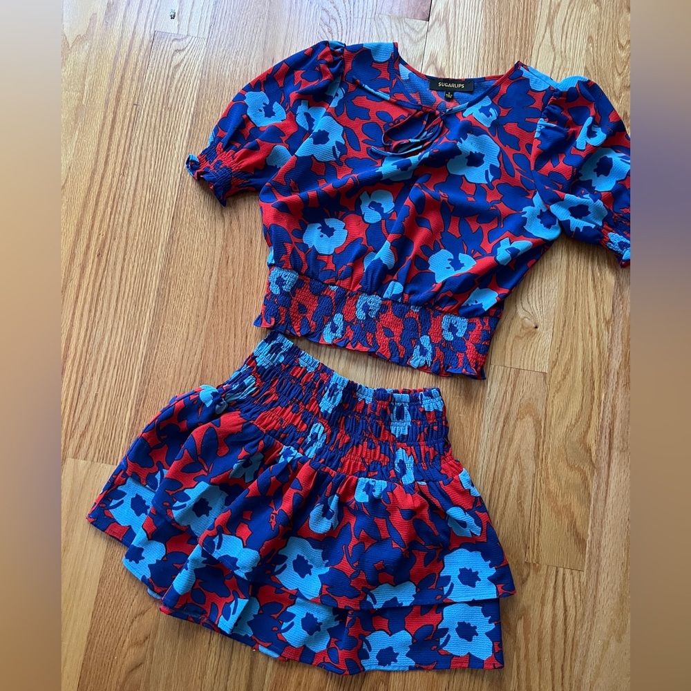 Sugarlips Two Piece Red and Blue Shirt and Skirt, lightly worn